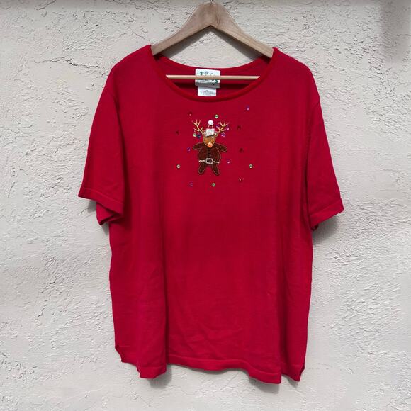 Quacker Factory Reindeer Embellished Short Sleeve Sweater Size 1X - Picture 1 of 5
